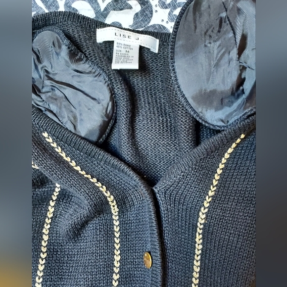 Lise J Womens Black Cardigan Sweater Gold Braid Embroidery Button Vintage Medium - Picture 10 of 11